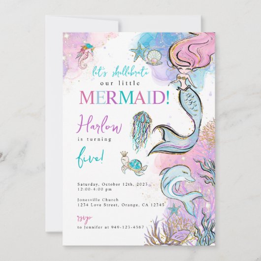 Meisjes Waterverf Mermaid Birthday Aankondiging (Voorkant)