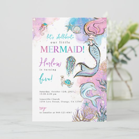 Meisjes Waterverf Mermaid Birthday Aankondiging (Staand voorkant)