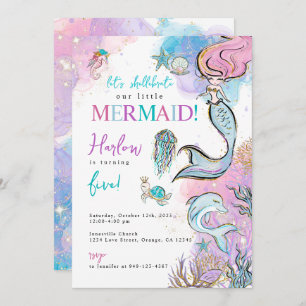 Meisjes Waterverf Mermaid Birthday Aankondiging