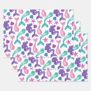 Meisjes Waterverf Mermaids Tales Seashells Patroon Inpakpapier Vel
