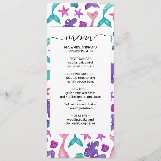 Meisjes Waterverf Mermaids Tales Seashells Patroon Menu (Voorkant)