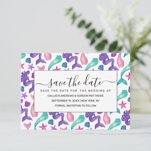 Meisjes Waterverf Mermaids Tales Seashells Patroon Save The Date (Staand voorkant)