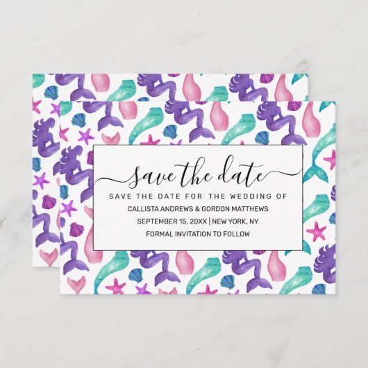 Meisjes Waterverf Mermaids Tales Seashells Patroon Save The Date (Voorkant / Achterkant)