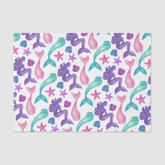 Meisjes Waterverf Mermaids Tales Seashells Patroon Tissuepapier (Voorkant)