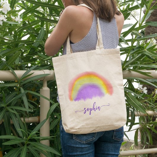 Meisjes waterverf regenboog moderne naam script tote bag