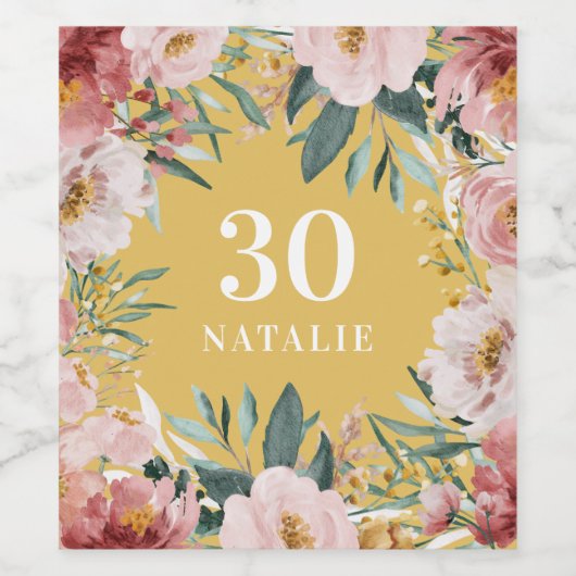 Meisjes waterverf roze floranje verjaardag elegant wijn etiket (Enkel label)