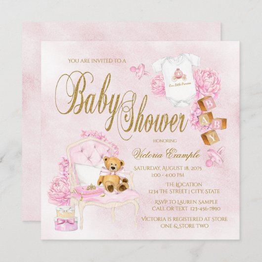 Meisjes Waterverf Roze Goud Baby Shower Uitnodigin Kaart (Voorkant / Achterkant)