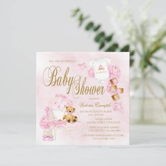 Meisjes Waterverf Roze Goud Baby Shower Uitnodigin Kaart (Staand voorkant)
