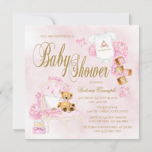 Meisjes Waterverf Roze Goud Baby Shower Uitnodigin Kaart (Voorkant)