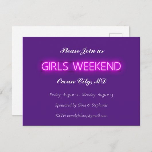 MEISJES WEEKEND Neon LED Bord Aangepaste Uitnodigi Briefkaart (Voorkant / Achterkant)