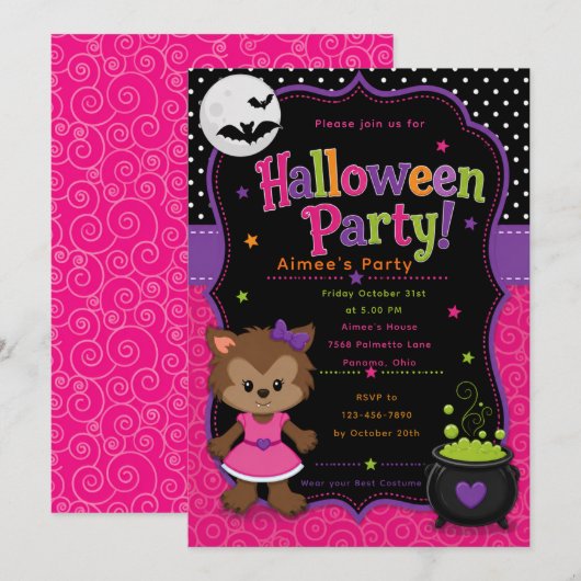 Meisjes Weerwolf Halloween Feest Kaart (Voorkant / Achterkant)