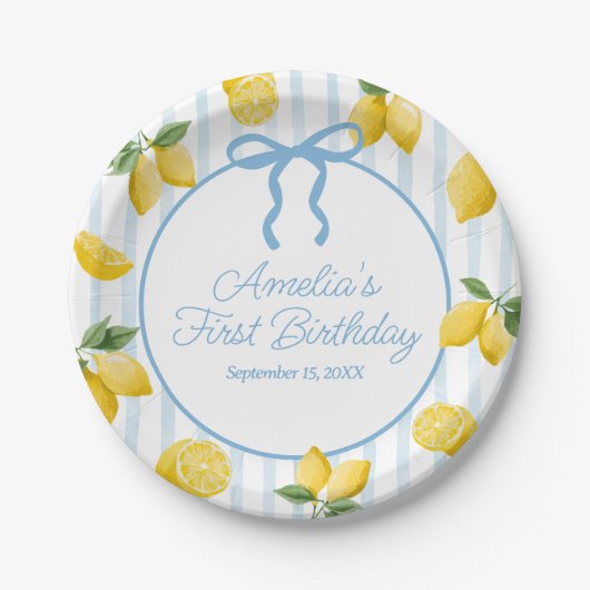 Meisjes Whimsical Blue Bow Lemon Amalfi Verjaardag Papieren Bordje (Voorkant)