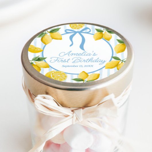 Meisjes Whimsical Blue Bow Lemon Amalfi Verjaardag Ronde Sticker