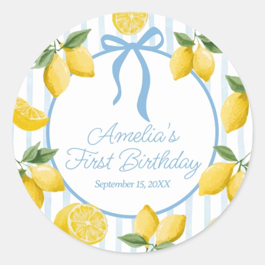 Meisjes Whimsical Blue Bow Lemon Amalfi Verjaardag Ronde Sticker (Voorkant)