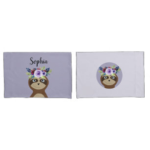 Meisjes Whimsical Flowers Sloth Cartoon & Name Kin Kussensloop
