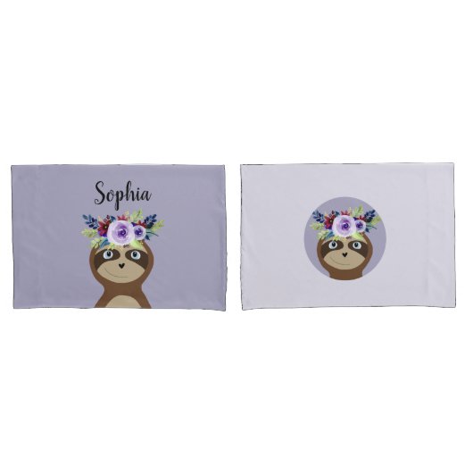 Meisjes Whimsical Flowers Sloth Cartoon & Name Kin Kussensloop (Voorkant-Set)