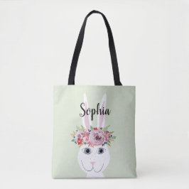 Meisjes Whimsical Flowers Waterverf Rabbit en Name Tote Bag