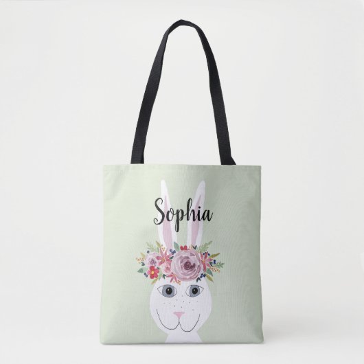 Meisjes Whimsical Flowers Waterverf Rabbit en Name Tote Bag (Voorkant)