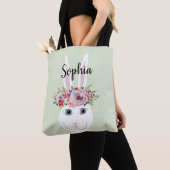 Meisjes Whimsical Flowers Waterverf Rabbit en Name Tote Bag (Dichtbij)