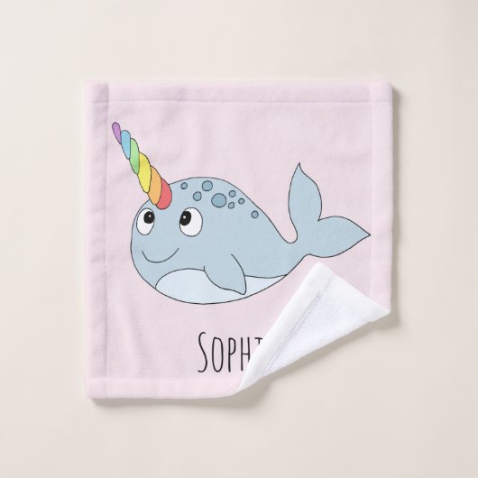 Meisjes Whimsical Rainbow Narwhal Cartoon Naam Kin Bad Handdoek (Wasdoekje)