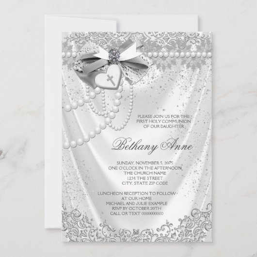 Meisjes White Satin Eerste Communie Kaart (Voorkant)