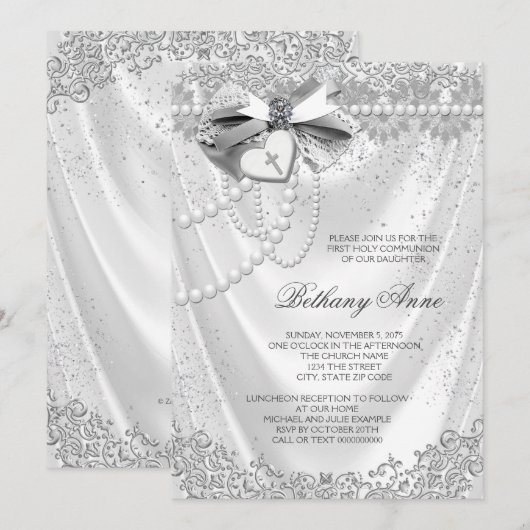 Meisjes White Satin Eerste Communie Kaart (Voorkant / Achterkant)