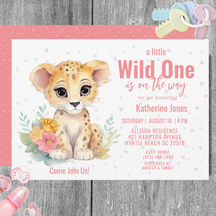 Meisjes Wild One Cheetah Floral Baby shower Kaart