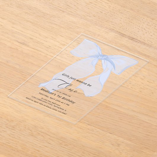 Meisjes willen gewoon een blauwe boog zijn 1e verj acryl uitnodigingen (Laagn)