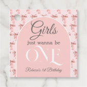 Meisjes willen gewoon een roze boog eerste verjaar bedankjes labels (Voorkant)
