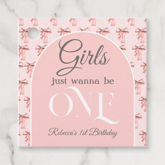 Meisjes willen gewoon een roze boog eerste verjaar bedankjes labels (Voorkant)