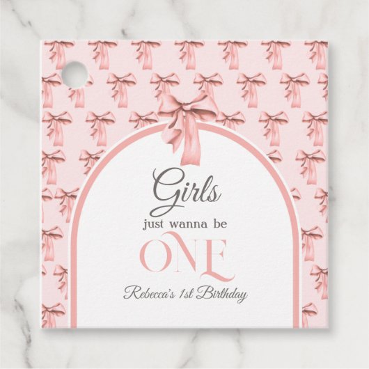 Meisjes willen gewoon een roze boog eerste verjaar bedankjes labels (Voorkant)