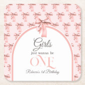 Meisjes willen gewoon een roze boog eerste verjaar kartonnen onderzetters (Voorkant)