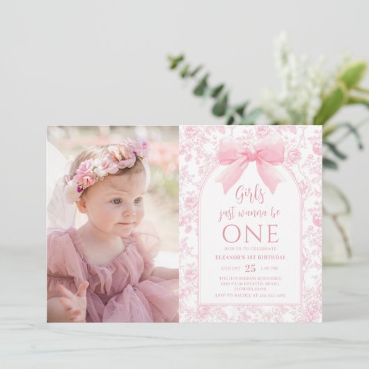 Meisjes willen gewoon een roze boog zijn 1e verjaa kaart (Staand voorkant)