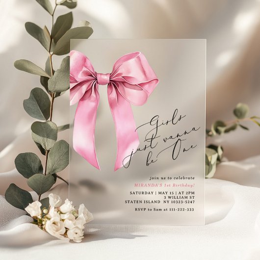 Meisjes willen gewoon One Pink Bow zijn 1e verjaar Acryl Uitnodigingen
