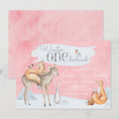 Meisjes Winter ONEderland Woodland 1e verjaardag Kaart (Voorkant / Achterkant)