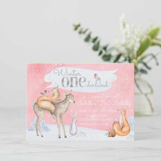 Meisjes Winter ONEderland Woodland 1e verjaardag Kaart (Staand voorkant)