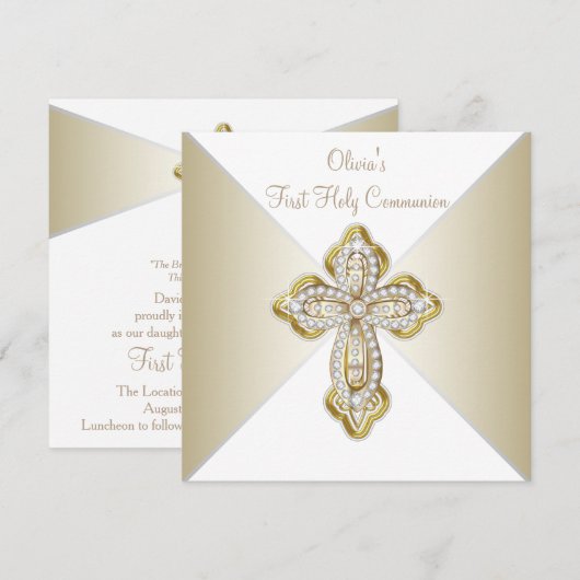 Meisjes wit en goud eerste communie kaart (Voorkant / Achterkant)