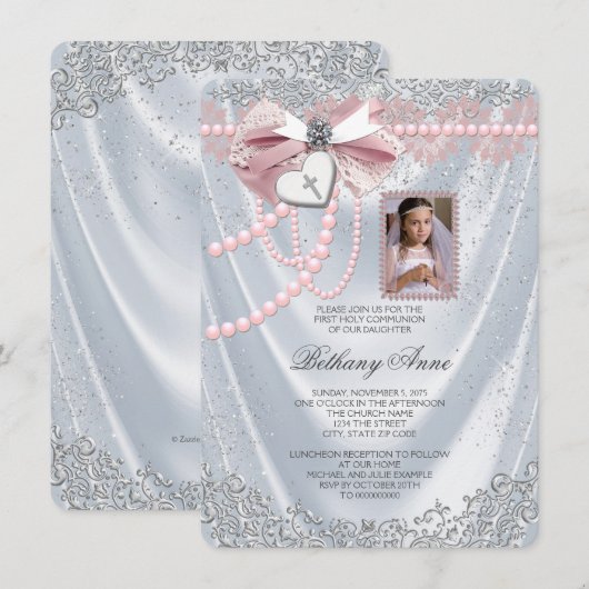 Meisjes Wit Satijn Foto Eerste Communie Kaart (Voorkant / Achterkant)