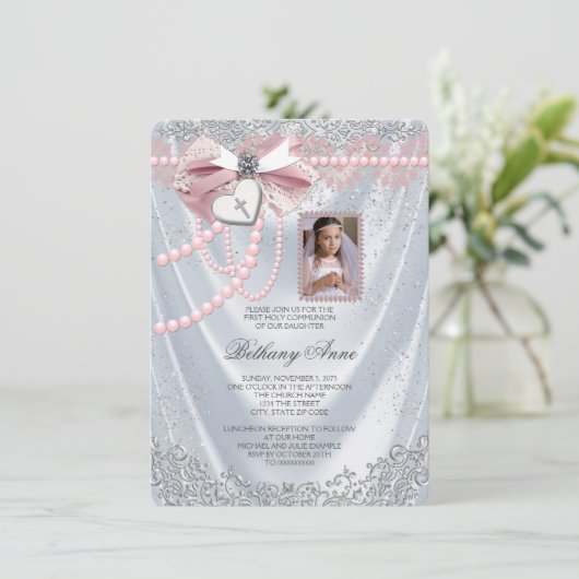 Meisjes Wit Satijn Foto Eerste Communie Kaart (Staand voorkant)