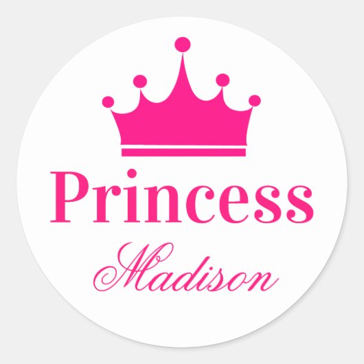 Meisjes  Witte en Hete Roze Princess Crown Name Ronde Sticker (Voorkant)
