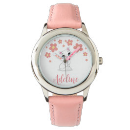 Meisjes Witte Kat Met Bloemen Aangepaste Naam Horloge