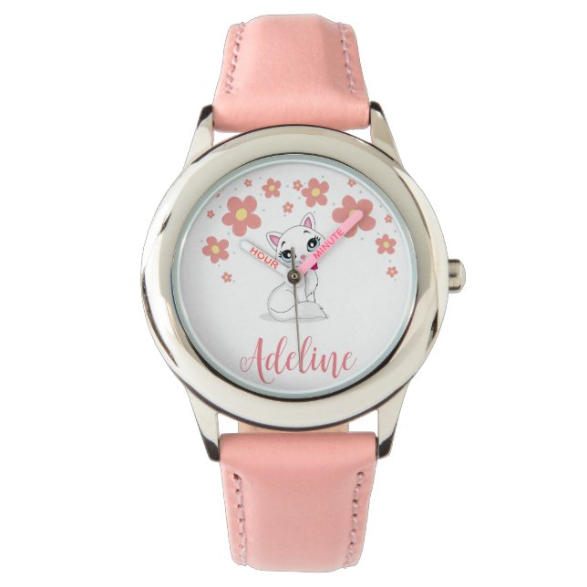 Meisjes Witte Kat Met Bloemen Aangepaste Naam Horloge (Voorkant)