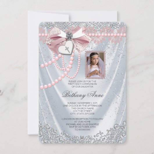 Meisjes Witte Satijn Foto Eerste Communie Kaart (Voorkant)