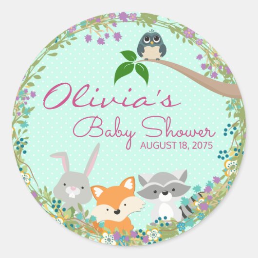Meisjes Woodland Baby shower Ronde Sticker (Voorkant)