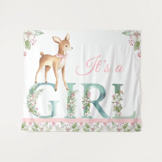 Meisjes Woodland Deer Baby shower Achtergrond Bann Wandkleed (Voorkant (horizontaal))