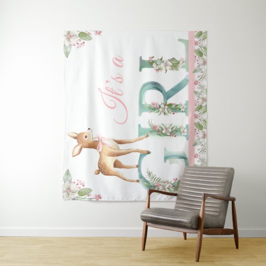 Meisjes Woodland Deer Baby shower Achtergrond Bann Wandkleed (In situ)