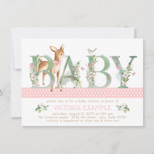 Meisjes Woodland Deer Baby Shower Uitnodigingen (Voorkant)