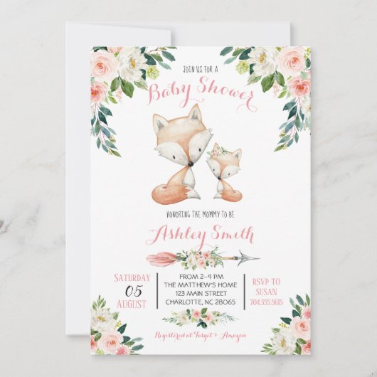 Meisjes Woodland fox Baby Douche Uitnodigingen (Voorkant)