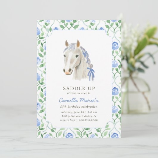 Meisjes zadelen Preppy Pony Horse Toile Verjaardag Kaart (Staand voorkant)