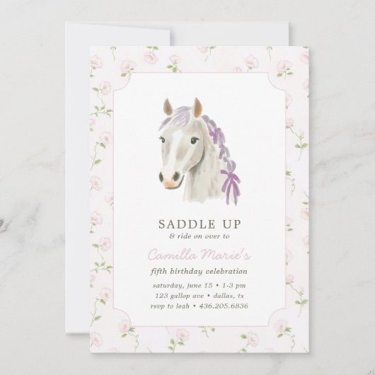 Meisjes Zadelen Up Preppy Pony Horse Roze Verjaard Kaart (Voorkant)